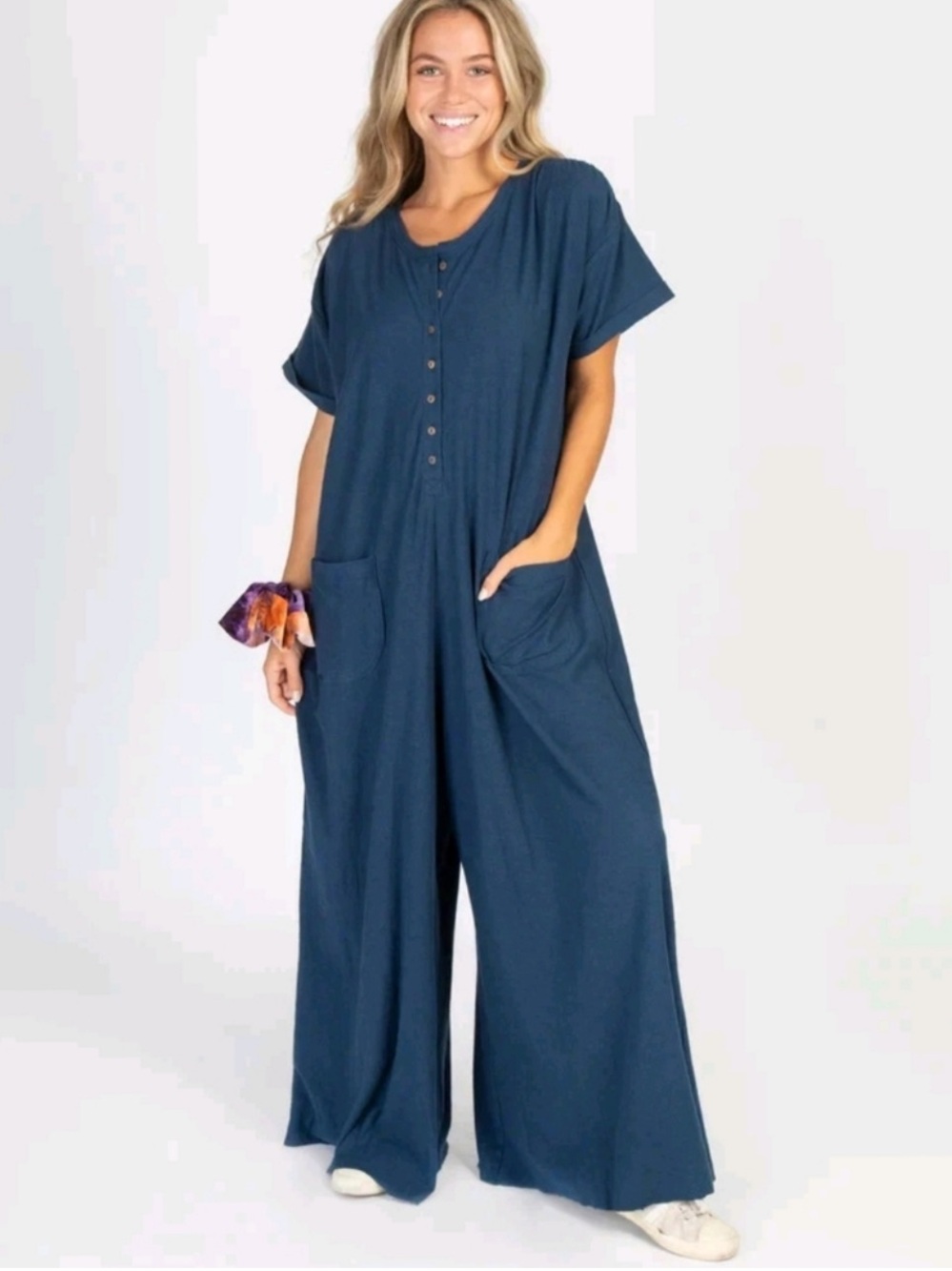 NWT Natural Life L/XL Blue Jumpsuit Wide Leg Linen Blend Buttons